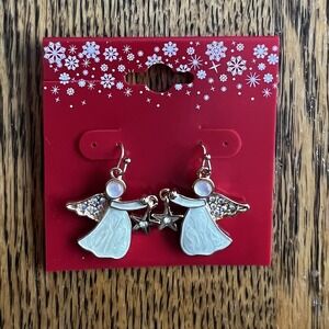 Angel Christmas Nickel Free Gold Tone Enamel Simulated Stone Star Earrings